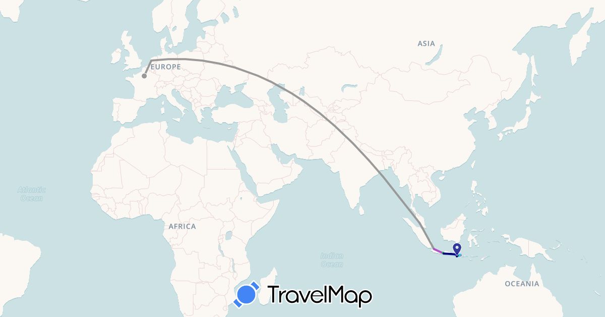 TravelMap itinerary: driving, bus, plane, train, hiking, boat in France, Indonesia, Malaysia, Netherlands (Asia, Europe)